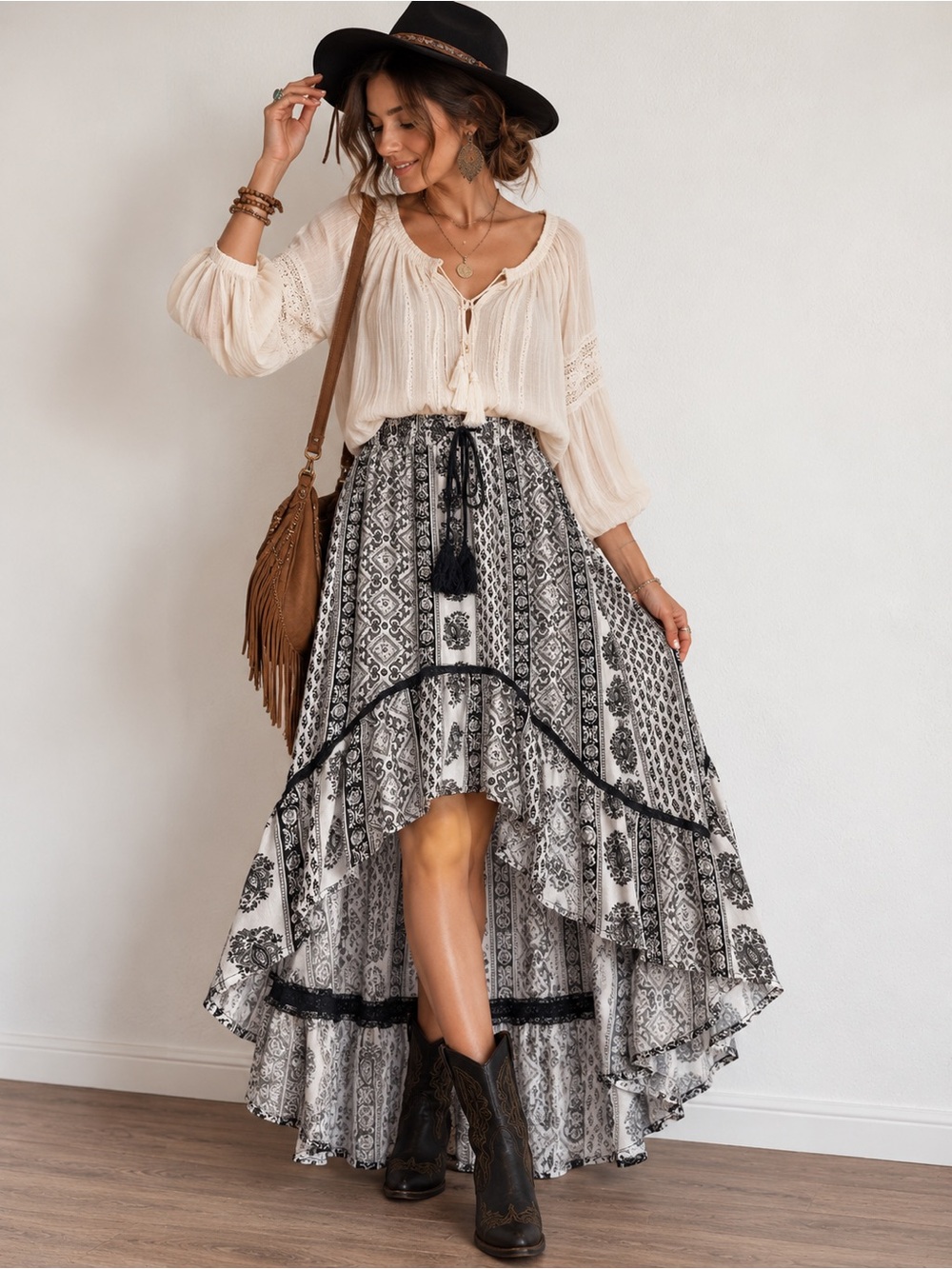 Boho Black and White Printed High-Low Maxi Skirt